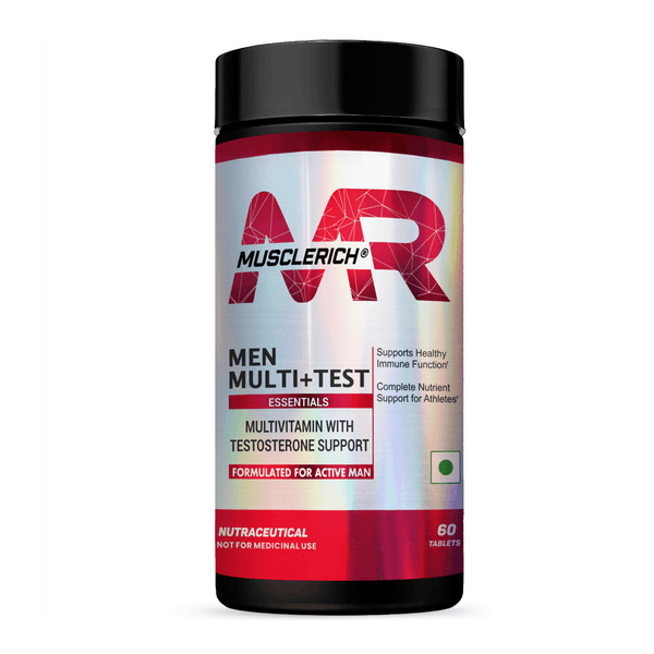 MuscleRich Men Multi+Test multivitamin with testosterone support, 60 tablets. Designed for active men, boosts vitality and immune function.