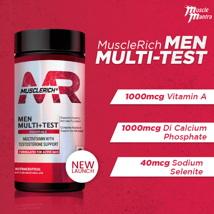 MuscleRich Men Multi+Test multivitamin with testosterone support, 60 tablets. Designed for active men, boosts vitality and immune function.