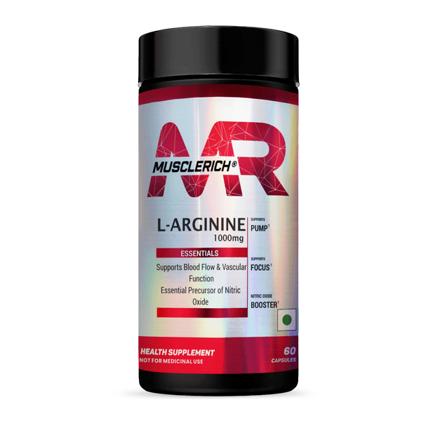 MuscleRich L-Arginine 1000mg supplement bottle with 60 capsules. Supports blood flow, vascular function, and nitric oxide production for fitness and health.