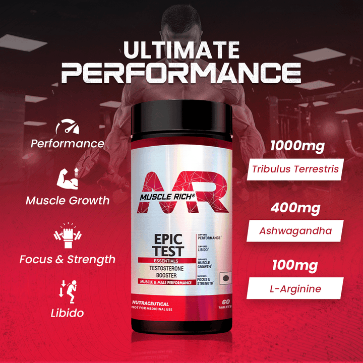 MuscleRich L-Arginine 1000mg supplement bottle with 60 capsules. Supports blood flow, vascular function, and nitric oxide production for fitness and health.