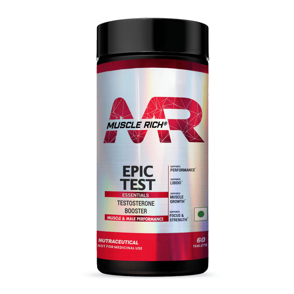 MuscleRich Epic Test Testosterone Booster 60 Tablets for enhanced energy, stamina, and male performance. Contains Tribulus and Ashwagandha for safe results.