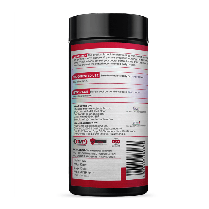 MuscleRich L-Arginine 1000mg supplement bottle with 60 capsules. Supports blood flow, vascular function, and nitric oxide production for fitness and health.