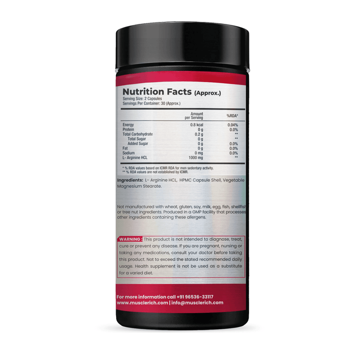 MuscleRich L-Arginine 1000mg supplement bottle with 60 capsules. Supports blood flow, vascular function, and nitric oxide production for fitness and health.