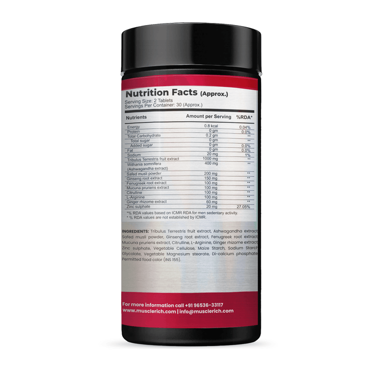 MuscleRich L-Arginine 1000mg supplement bottle with 60 capsules. Supports blood flow, vascular function, and nitric oxide production for fitness and health.