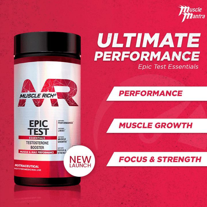 MuscleRich L-Arginine 1000mg supplement bottle with 60 capsules. Supports blood flow, vascular function, and nitric oxide production for fitness and health.