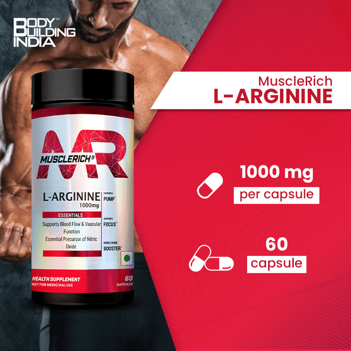 MuscleRich L-Arginine 1000mg supplement bottle with 60 capsules. Supports blood flow, vascular function, and nitric oxide production for fitness and health.