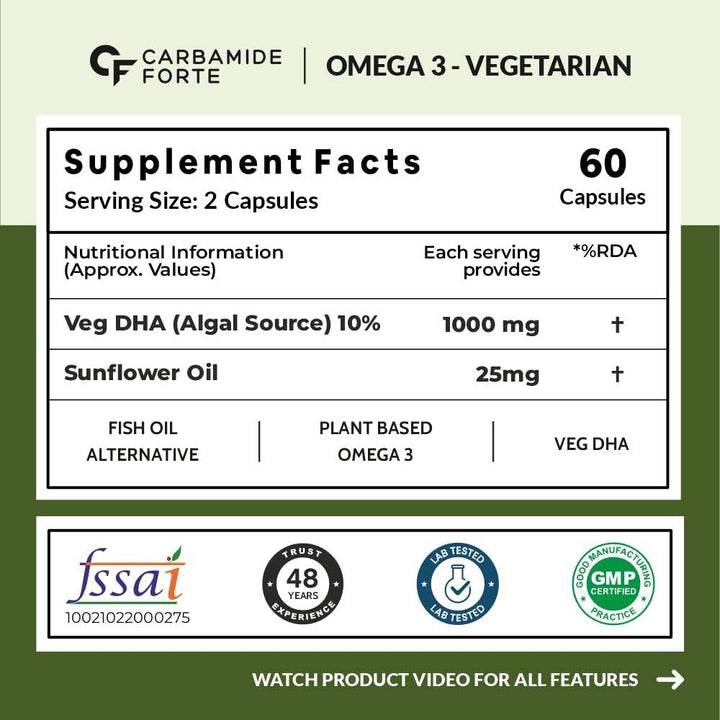 Carbamide Forte Veg Omega3 1000mg | Veg DHA | Vegetarian Omega 3 | Algal DHA | Plant Based | No Fish oil Used Tablets for Men & Women | 60 Veg Tablets - Halt