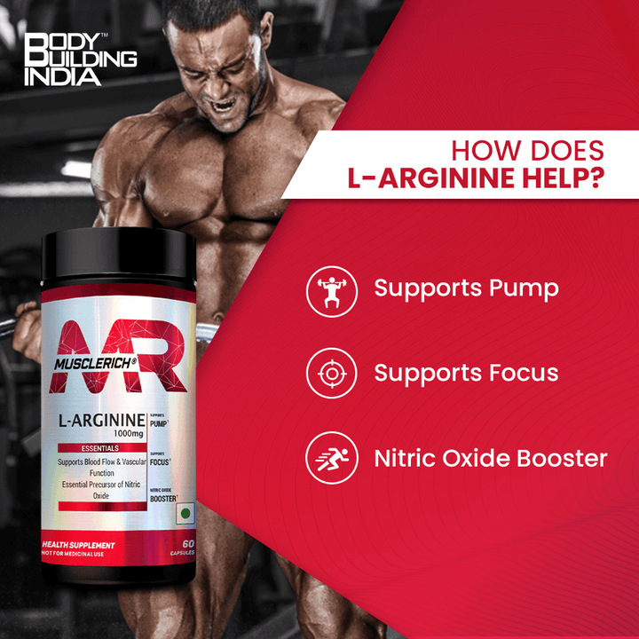 MuscleRich L-Arginine 1000mg supplement bottle with 60 capsules. Supports blood flow, vascular function, and nitric oxide production for fitness and health.