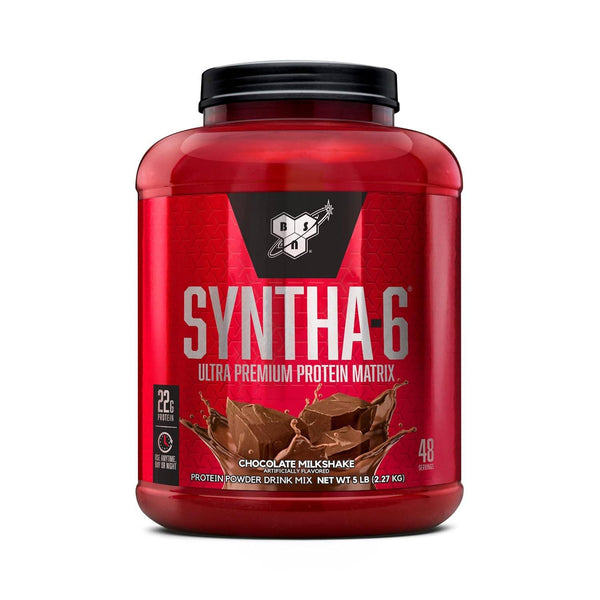 BSN SYNTHA-6 whey protein in chocolate milkshake flavor, featuring 22g protein per serving. Ideal for muscle recovery and workout performance.
