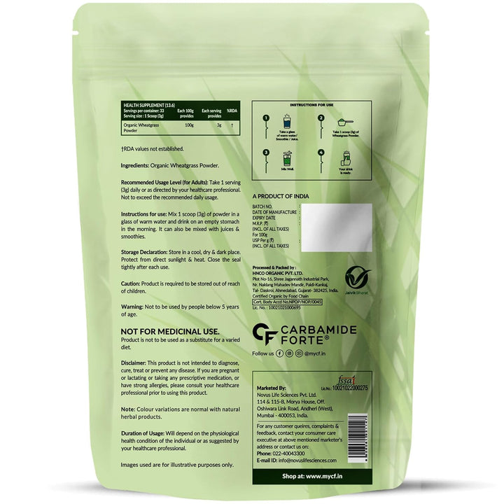 Carbamide Forte 100% Natural Organic Wheatgrass Powder 100g - Halt