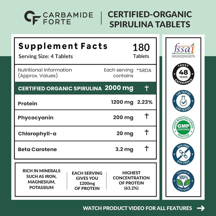Carbamide Forte 100% Organic Spirulina Tablets 2000 mg | 180 Tablets - Halt