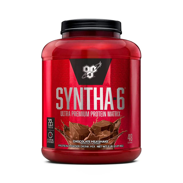 BSN SYNTHA-6 Whey Protein in chocolate milkshake flavor, offering 22g protein and 10g amino acids per serving. Supports muscle recovery and fat loss.