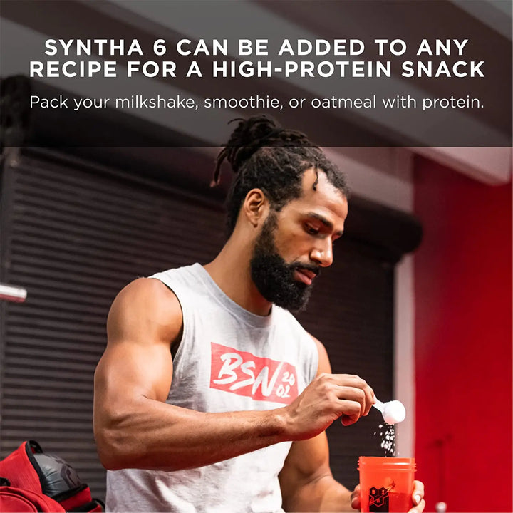BSN SYNTHA-6 Whey Protein in chocolate milkshake flavor, offering 22g protein and 10g amino acids per serving. Supports muscle recovery and fat loss.