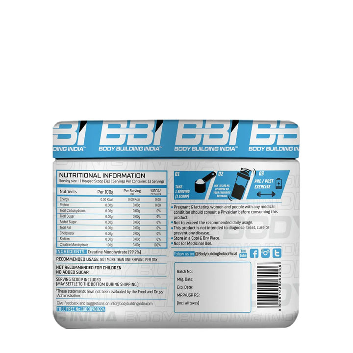 Body Building India BBI Creatine 100g (33 Servings) - Halt