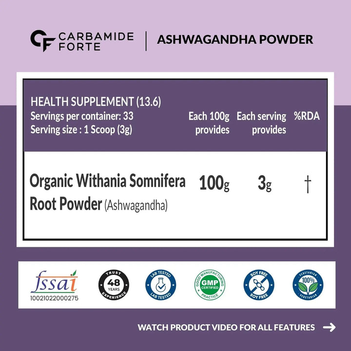 Carbamide Forte 100% Organic Ashwagandha Powder - Halt
