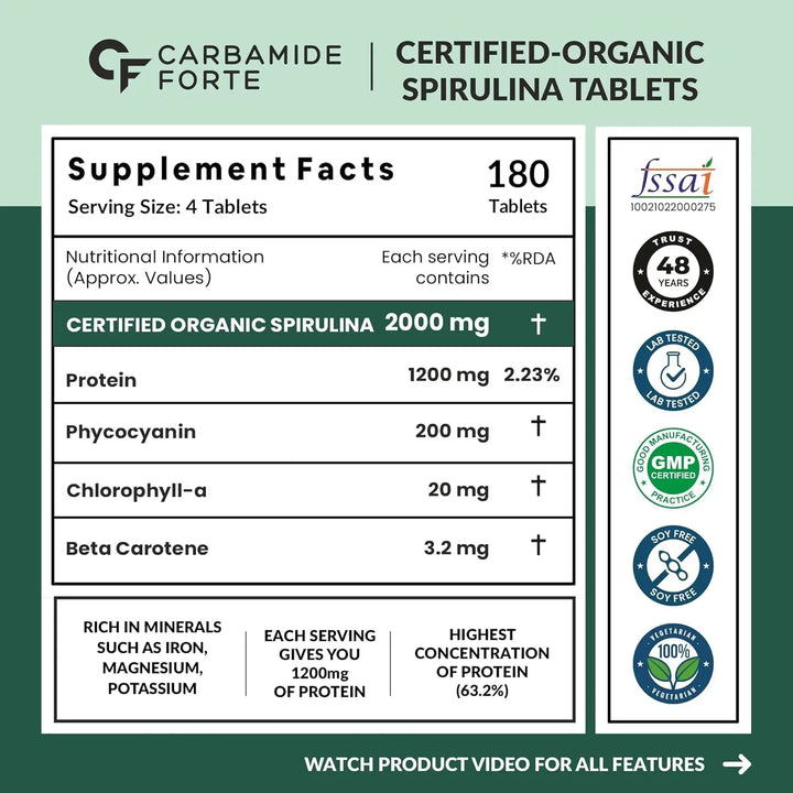 Carbamide Forte 100% Organic Spirulina Tablets 2000 mg | 180 Tablets - Halt