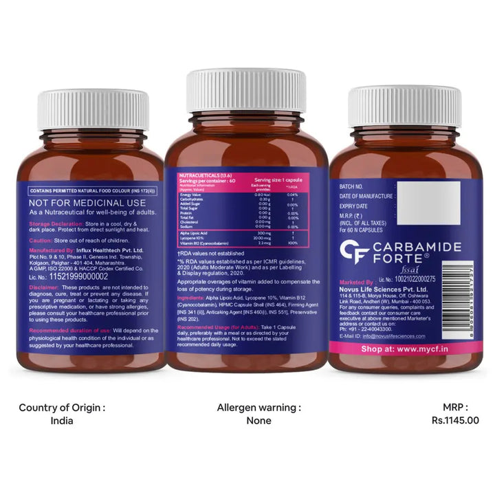 Carbamide Forte Alpha Lipoic Acid 300mg with Vitamin B12 (60 Capsules) - Halt
