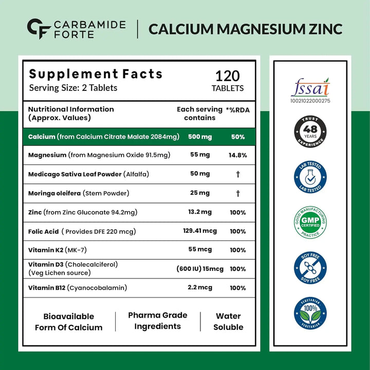 Carbamide Forte Calcium Magnesium & Zinc Tablets with Vitamin D,Vitamin K2-MK7 & B12 - Halt