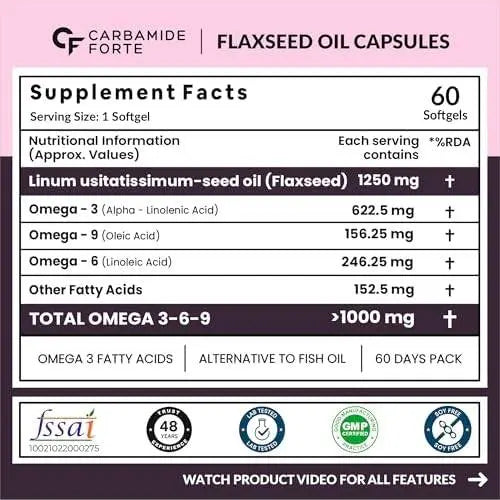 Carbamide Forte Cold Pressed Flaxseed Oil Capsules 1250mg Omega 3 6 9 | 60 Capsules - Halt