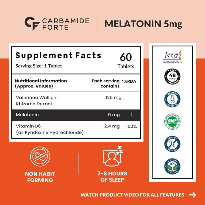Carbamide Forte Melatonin 5mg Sleep Tablets with 125mg Tagar & Vitamin B6 | 60 Veg Tablets - Halt