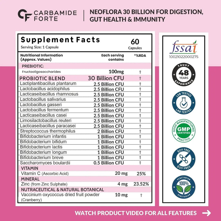 Carbamide Forte Probiotics Supplement 30 Billion for Women & Men - 60 Veg Capsules - Halt