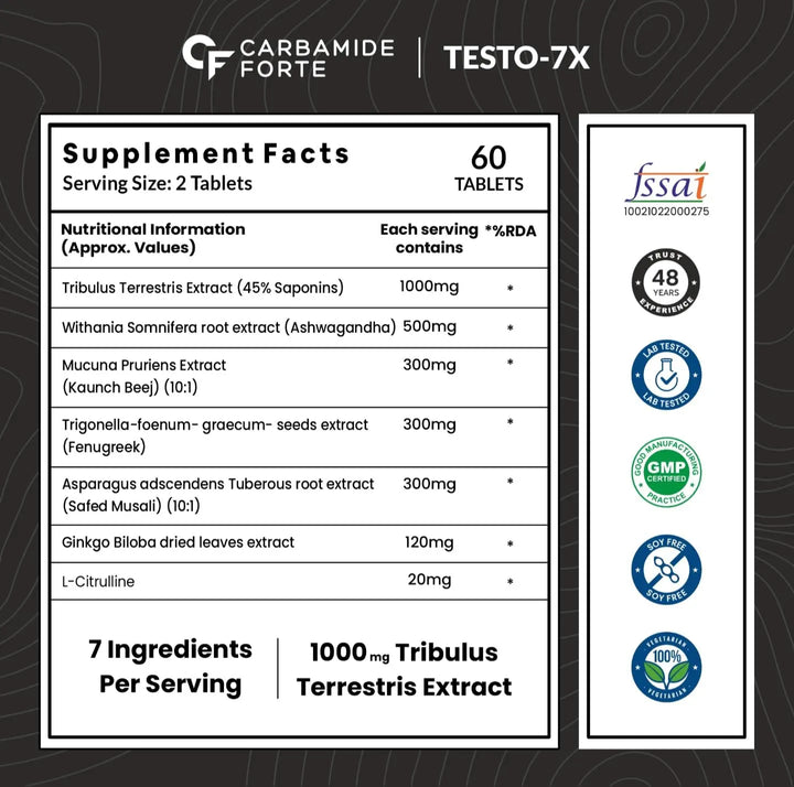 Carbamide Forte Testo-7X with Tribulus 1000mg  |60 Veg Tablets - Halt