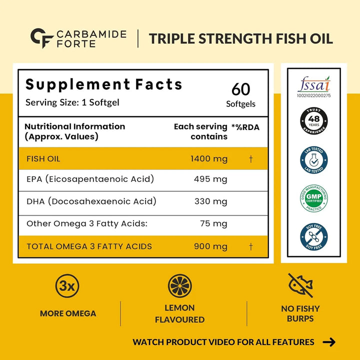 Carbamide Forte Triple Strength Fish Oil 1400mg with Omega 3 | 60  Softgels - Halt