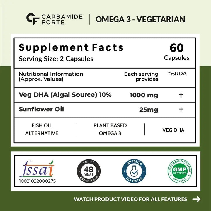Carbamide Forte Veg Omega3 1000mg | Veg DHA | Vegetarian Omega 3 | Algal DHA | Plant Based | No Fish oil Used Tablets for Men & Women | 60 Veg Tablets - Halt