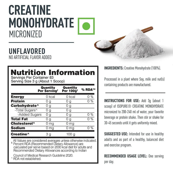 Isopure 100% Creatine Monohydrate Micronized, 250g - 83 Servings - Halt