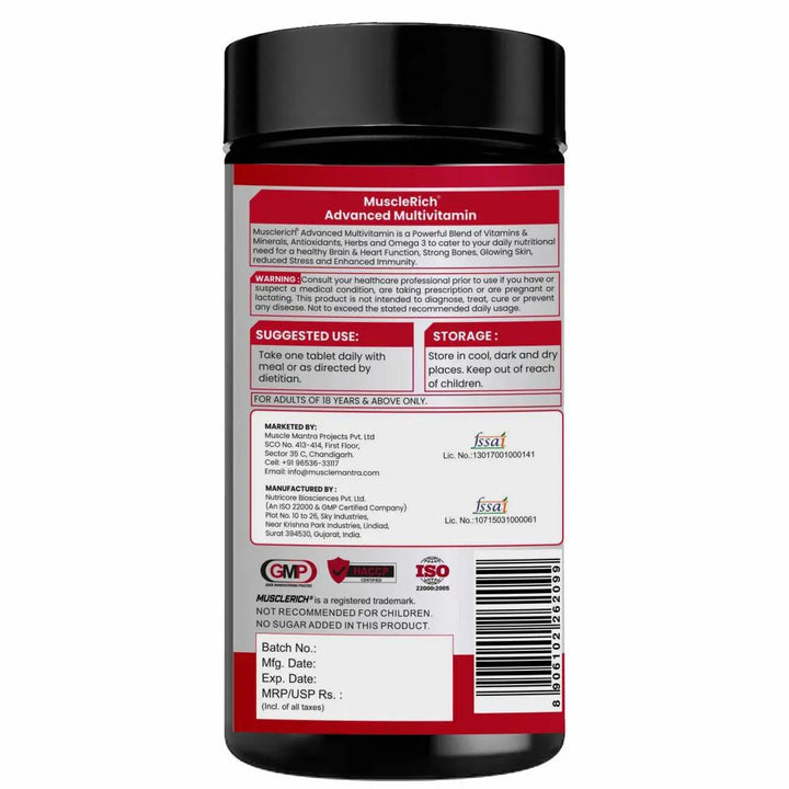 MuscleRich® Advanced Multivitamin Musclerich® Advanced Multivitamin is a Powerful Blend of Vitamins & Minerals, Antioxidants, Herbs and Omega 3 to cater to your daily nutritional need for a healthy Brain & Heart Function, Strong Bones, Glowing Skin, reduced Stress and Enhanced immunity