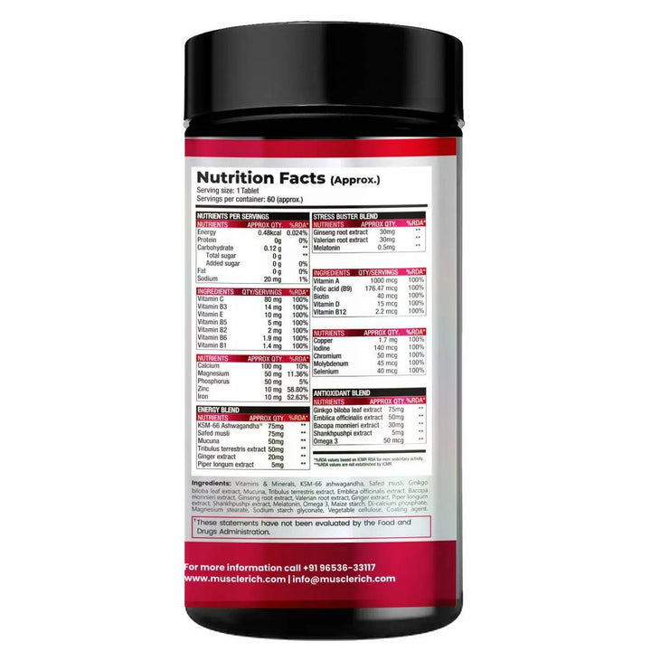 MuscleRich® Advanced Multivitamin Musclerich® Advanced Multivitamin is a Powerful Blend of Vitamins & Minerals, Antioxidants, Herbs and Omega 3 to cater to your daily nutritional need for a healthy Brain & Heart Function, Strong Bones, Glowing Skin, reduced Stress and Enhanced immunity