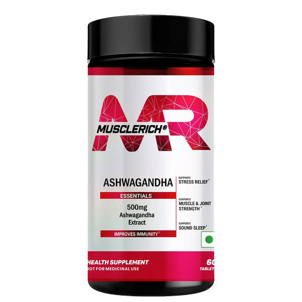 MuscleRich Ashwagandha 500mg (60 Tablets) for stress relief, muscle strength, and immunity support. Premium herbal supplement for overall wellness.