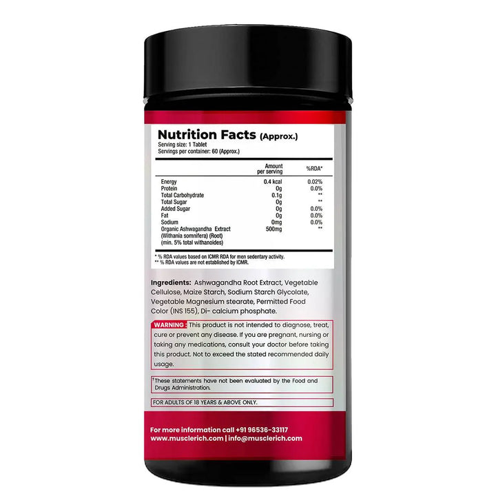 MuscleRich Ashwagandha 500mg (60 Tablets) for stress relief, muscle strength, and immunity support. Premium herbal supplement for overall wellness.