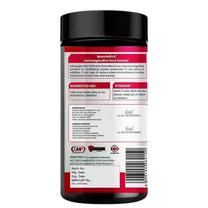MuscleRich Ashwagandha 500mg (60 Tablets) for stress relief, muscle strength, and immunity support. Premium herbal supplement for overall wellness.