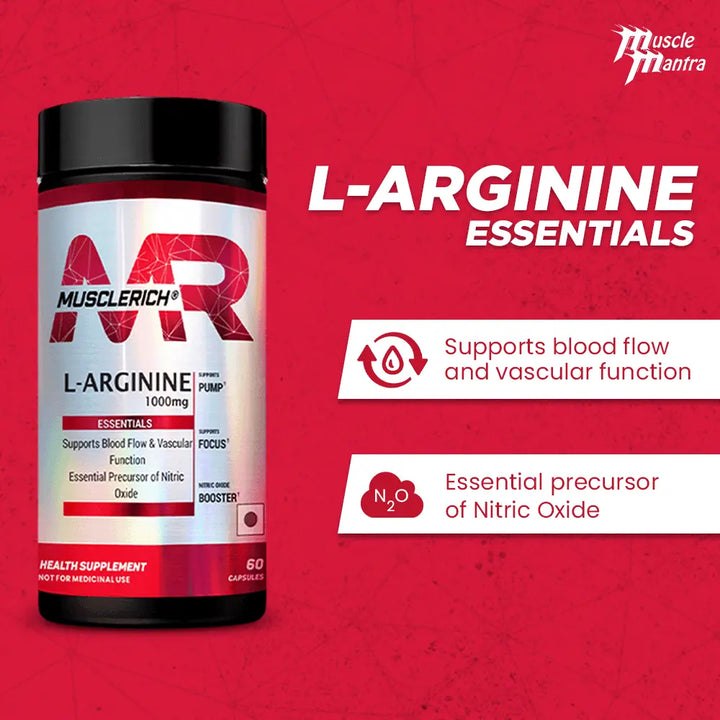 MuscleRich L-Arginine 1000mg supplement bottle with 60 capsules. Supports blood flow, vascular function, and nitric oxide production for fitness and health.