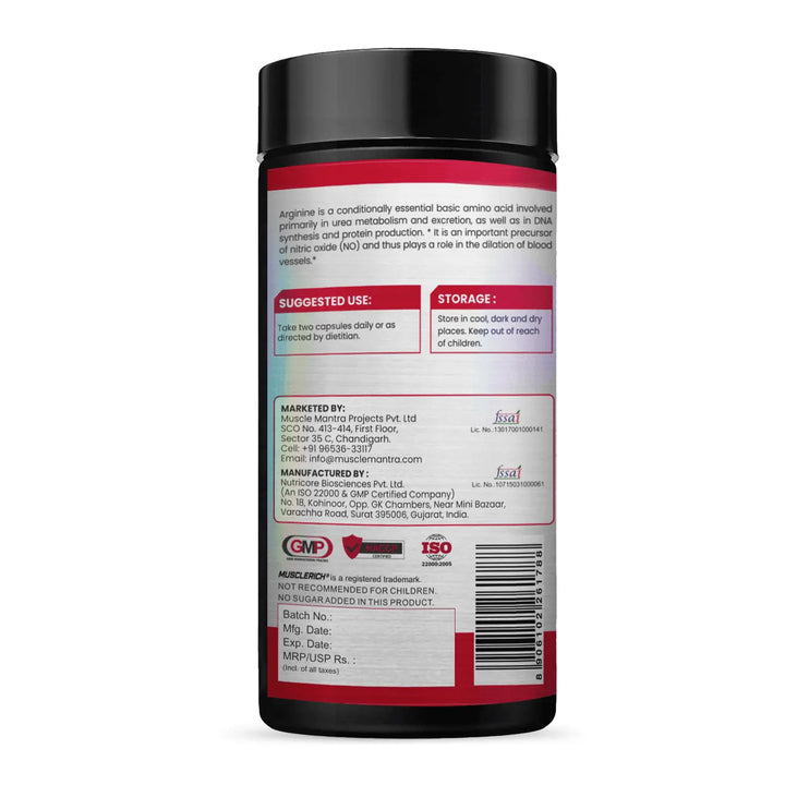 MuscleRich L-Arginine 1000mg supplement bottle with 60 capsules. Supports blood flow, vascular function, and nitric oxide production for fitness and health.