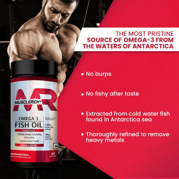 MuscleRich Omega-3 Fish Oil supplement with 1000mg Omega-3, including EPA & DHA, in a 60-softgel bottle. Supports heart health with no fishy aftertaste.