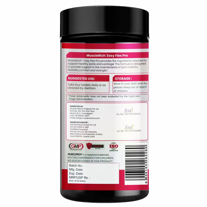 MuscleRich Easy Flex Pro - Joint Health supplement with glucosamine, MSM, chondroitin, and vitamin K2 for joint mobility and strength. 100 tablets.