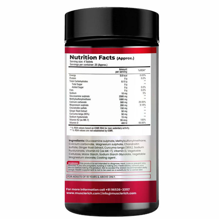 MuscleRich Easy Flex Pro - Joint Health supplement with glucosamine, MSM, chondroitin, and vitamin K2 for joint mobility and strength. 100 tablets.