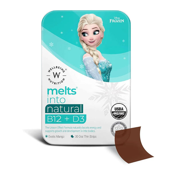 Wellbeing Nutrition Melts Into Natural B12 + D3 Frozen Mango Flavour, (30 Oral Strips) - Halt