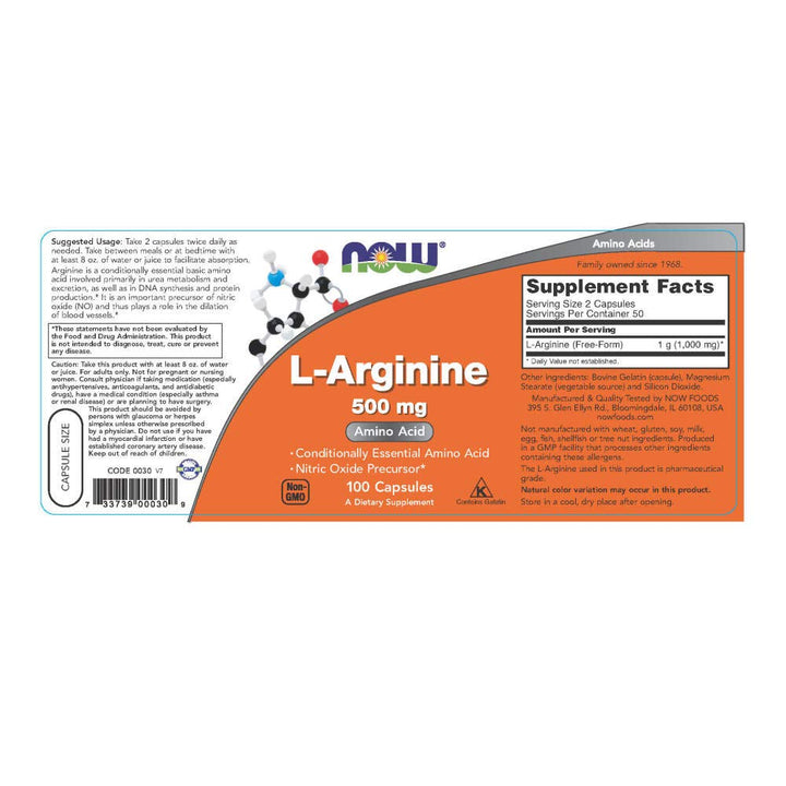 Now L-arginine 500mg - 100 Capsules - Halt
