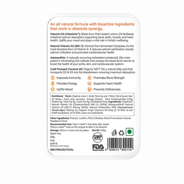 Wellbeing Nutrition Melts Natural Vitamin D3+K2 (30 Oral Strips) - Halt