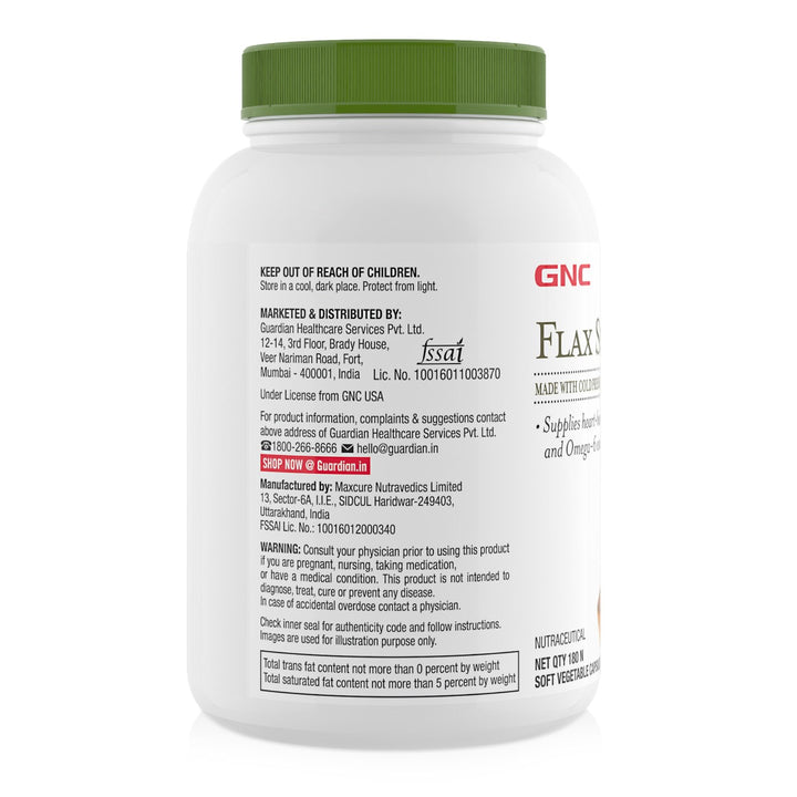 GNC Flax Seed Oil Capsules - Contains Both Omega 3 And Omega 6 Fatty Acids - 180 Soft Vegetable Capsules - Halt
