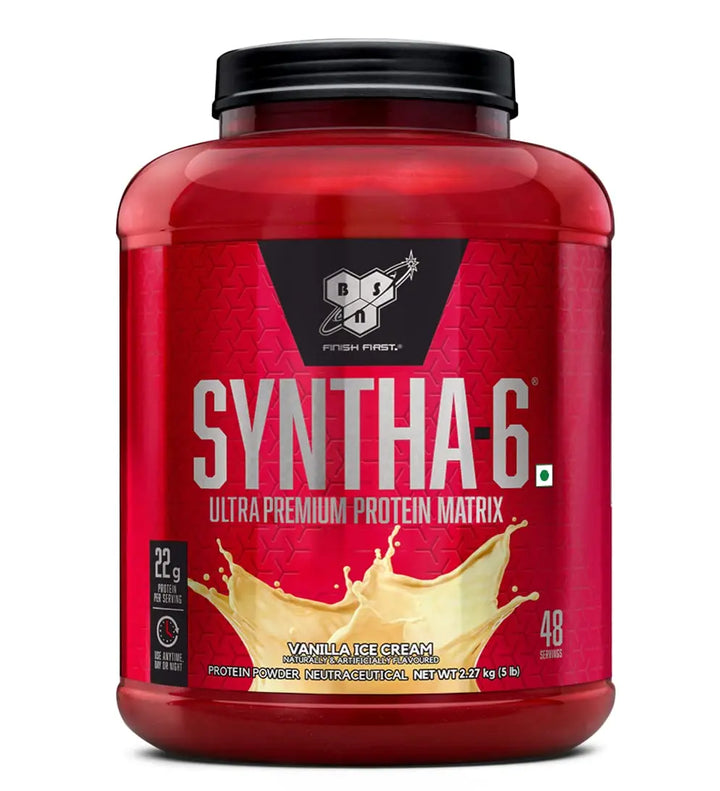 BSN SYNTHA-6 Whey Protein in chocolate milkshake flavor, offering 22g protein and 10g amino acids per serving. Supports muscle recovery and fat loss.
