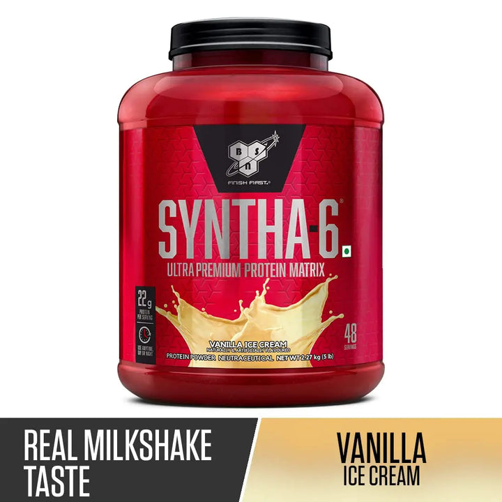 BSN SYNTHA-6 Whey Protein in chocolate milkshake flavor, offering 22g protein and 10g amino acids per serving. Supports muscle recovery and fat loss.