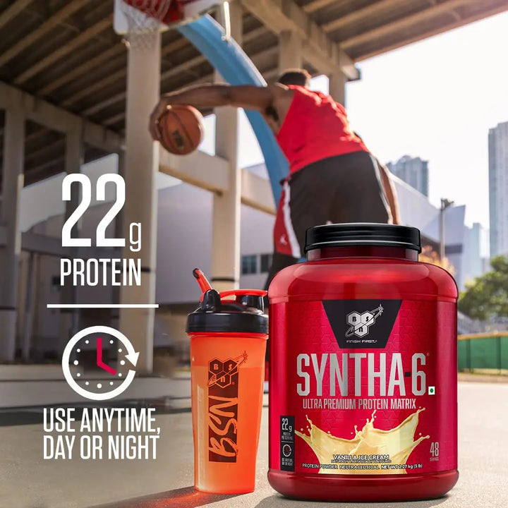 BSN SYNTHA-6 Whey Protein in chocolate milkshake flavor, offering 22g protein and 10g amino acids per serving. Supports muscle recovery and fat loss.