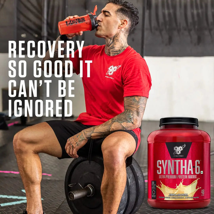 BSN SYNTHA-6 Whey Protein in chocolate milkshake flavor, offering 22g protein and 10g amino acids per serving. Supports muscle recovery and fat loss.