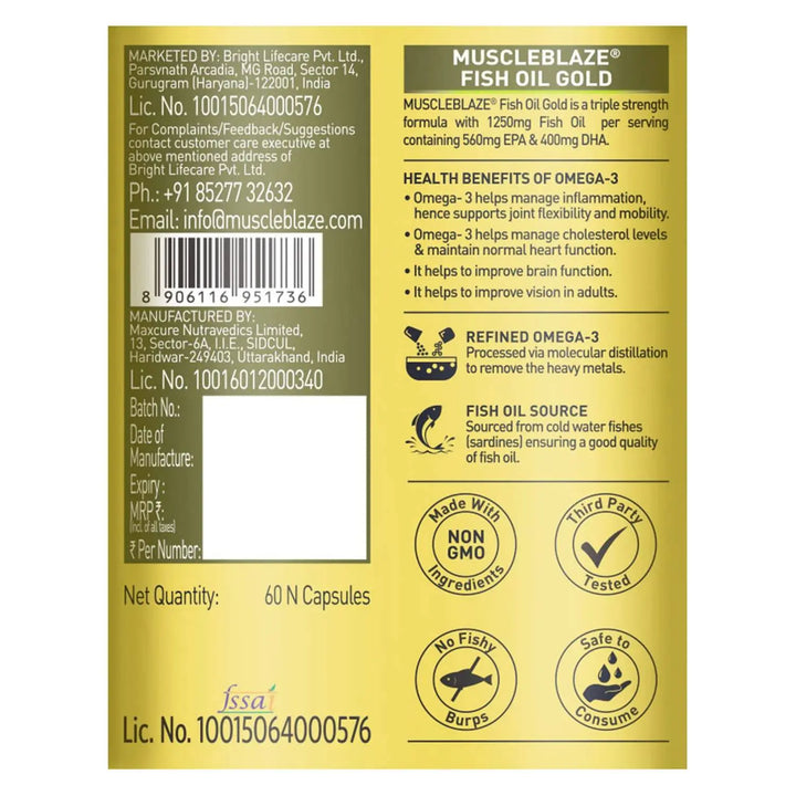 MuscleBlaze Fish Oil Gold Soft Gelatin Capsule (60 Capsules) MuscleBlaze