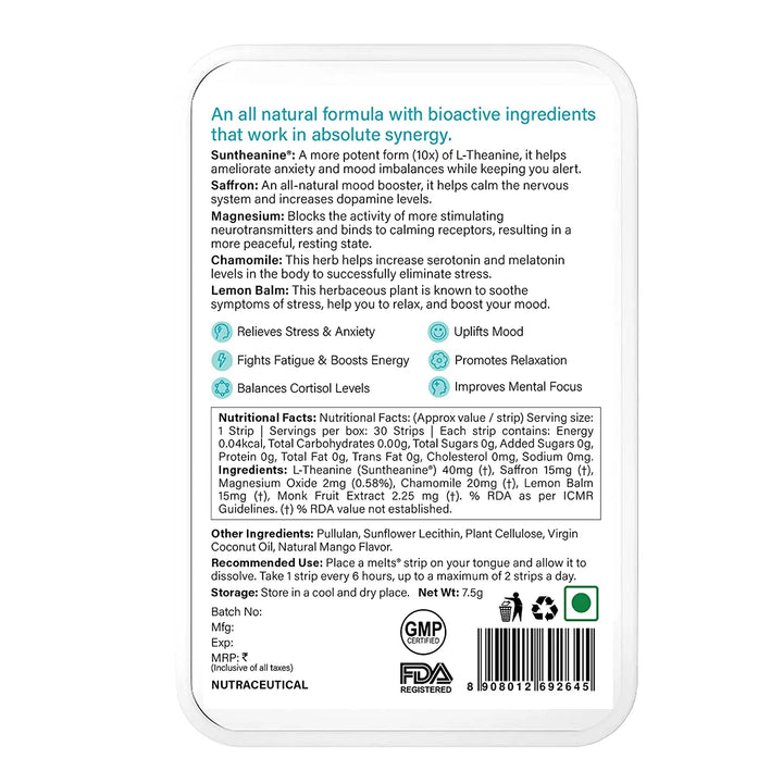 Wellbeing Nutrition Melts Calm & Relaxation | Suntheanine + Magnesium (30 Oral Strips) Wellbeing Nutrition