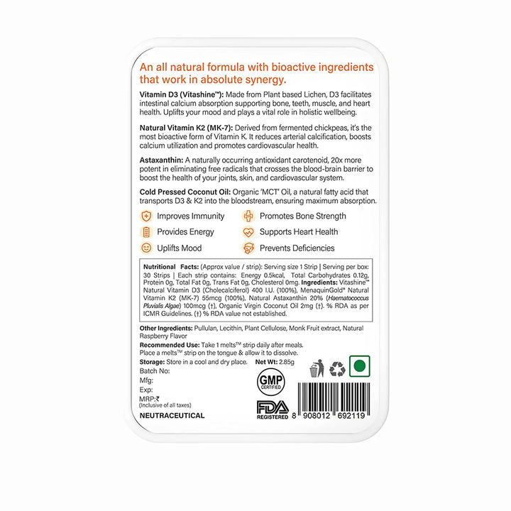 Wellbeing Nutrition Melts Natural Vitamin D3+K2 (30 Oral Strips) Wellbeing Nutrition